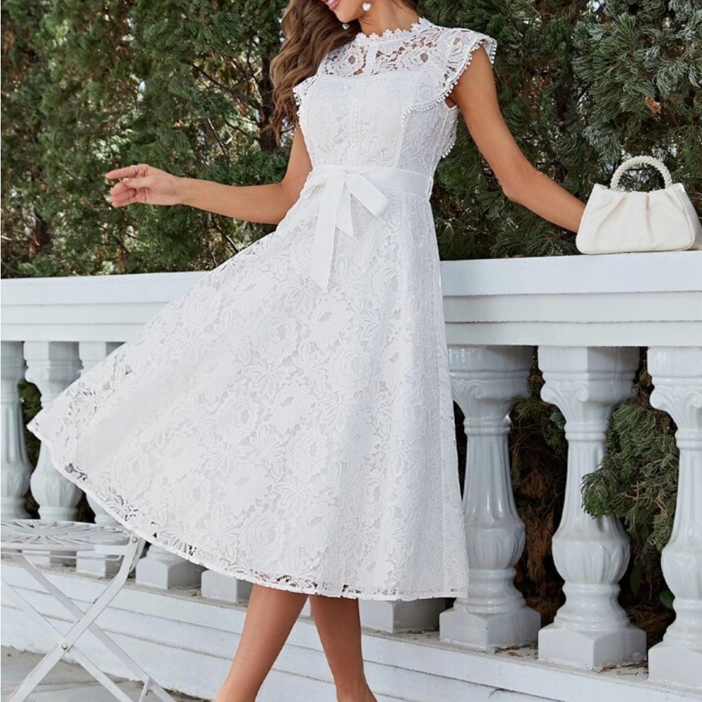 NWT SIMPLEE White Lace Overlay Midi Belted Dress   SZ-L